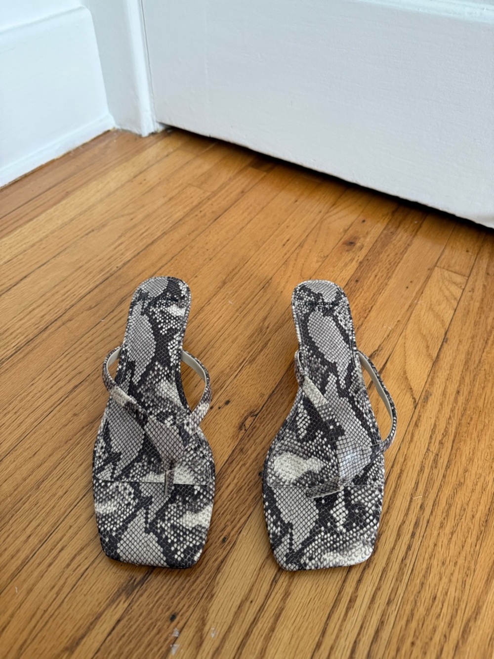 Abercrombie & Fitch Snake-Print Square Toe Strappy Heels in Black and Cream